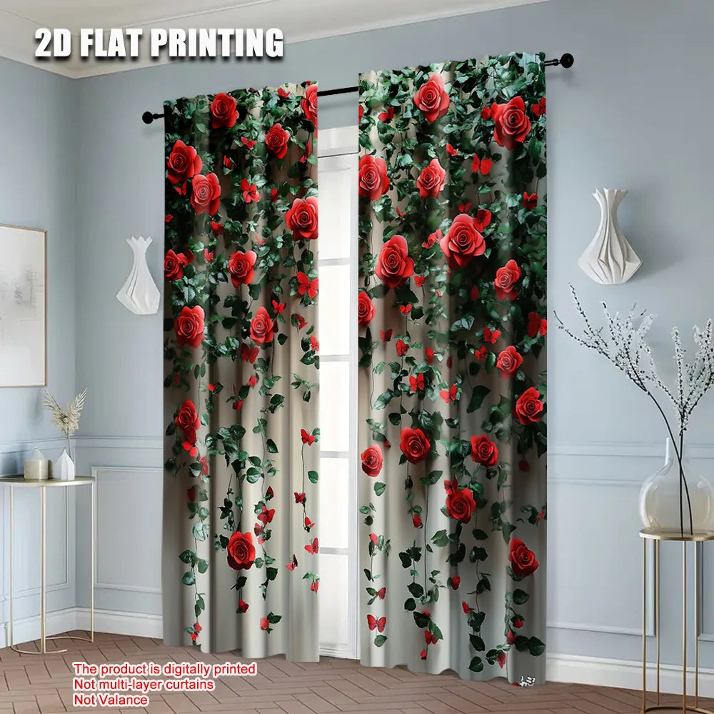 2Pcs 2D Flat Printed Rose & Butterfly Scene Curtains – Floral Polyester Panels, Machine Washable, No Electricity Required, Party or Room Decoration