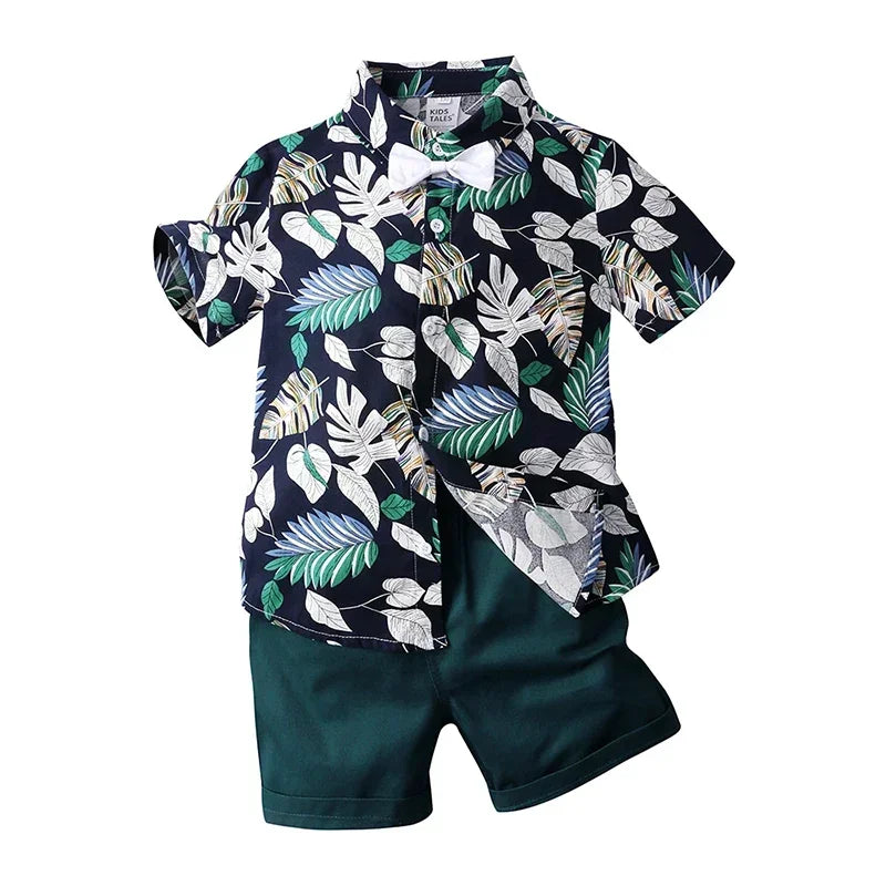 Baby Boys Summer Hawaiian Outfit – Infant & Toddler Gentleman Set with Floral Shirt, Bowtie & Shorts
