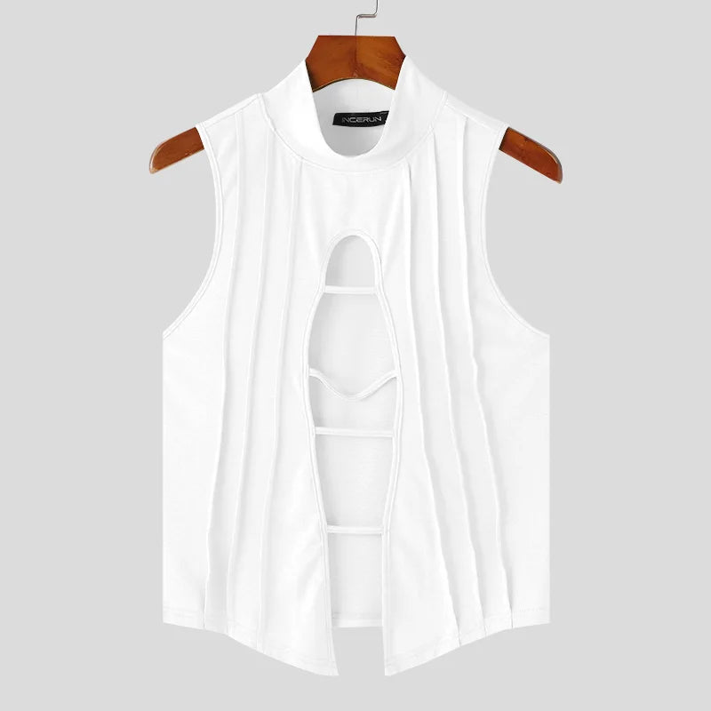 Stylish Clubwear Tops – INCERUN Men's Hollow-Out Semi High Neck Knitted Vests, Fashion Sleeveless Solid Tank Tops (Sizes S–5XL)