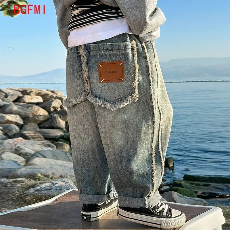 Spring Kids & Teens Streetwear Pants – Boys' Korean-Style Casual Straight-Leg Jeans with Elastic Waist