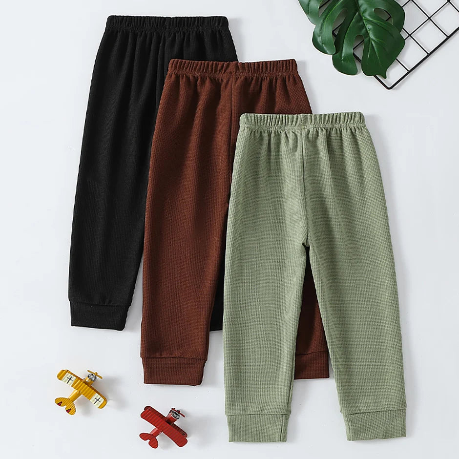1/3-Piece Autumn & Winter Waffle Knit Sweatpants for Boys & Girls – Solid Color, Casual & Sporty