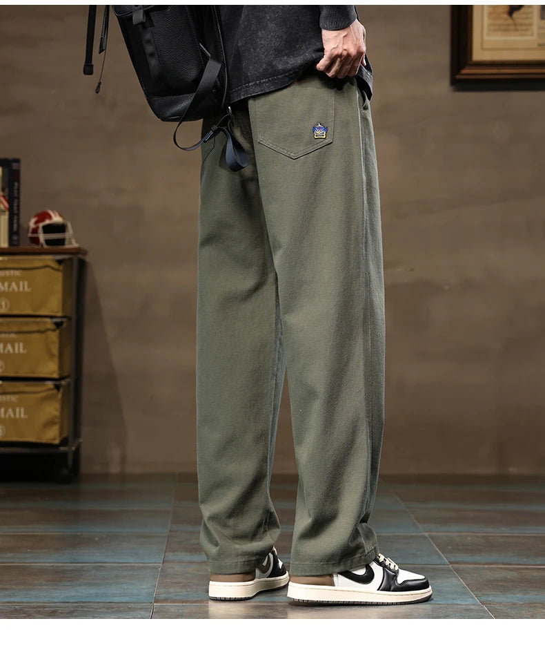 HIQOR Men's Casual Jogger Pants – Loose Straight-Leg Cotton Vintage Cargo Trousers, Solid Color Streetwear