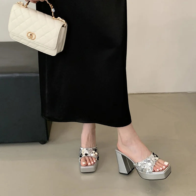 Silver & Pink Chunky Heel Platform Sandals – Square Toe Slip-On High Heels for Women