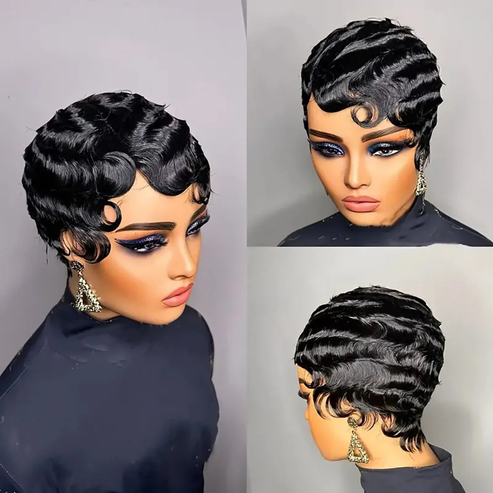 Short Finger Wave Human Hair Wig for Women – Brown Pixie Cut Ocean Wave Wig, Natural Color