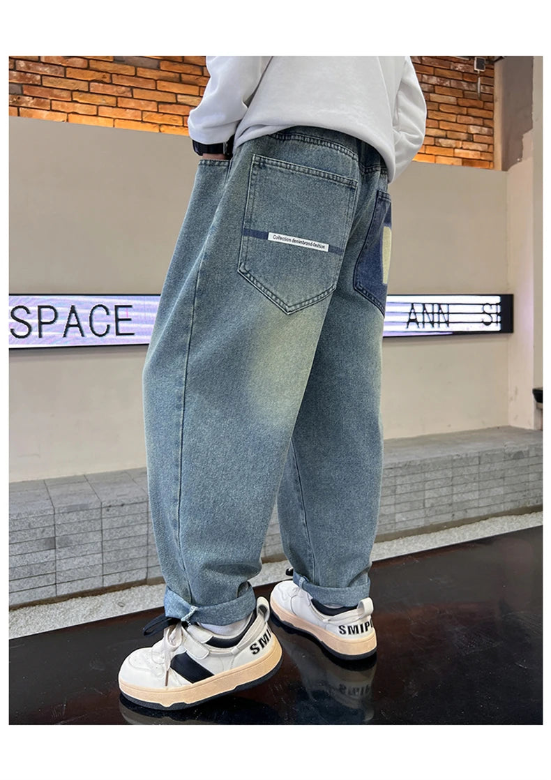 Boys' Straight-Leg Jeans –Street Style, Wide-Leg Fit with Back Pocket Letter Design, Sizes for Medium and Big Kids