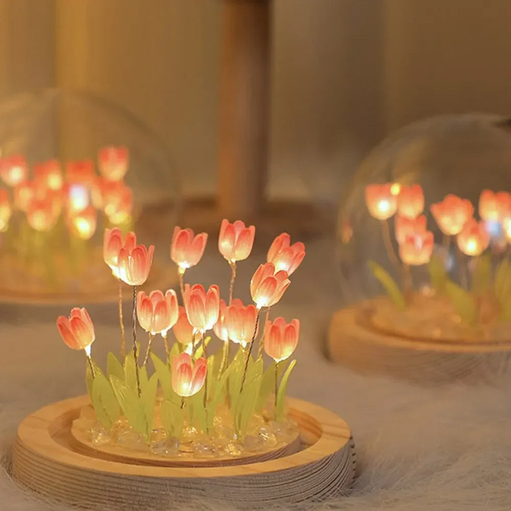 Handmade Artificial Tulip LED Night Light – DIY Transparent Cover Bedside Lamp | Home Decor & Ambient Lighting