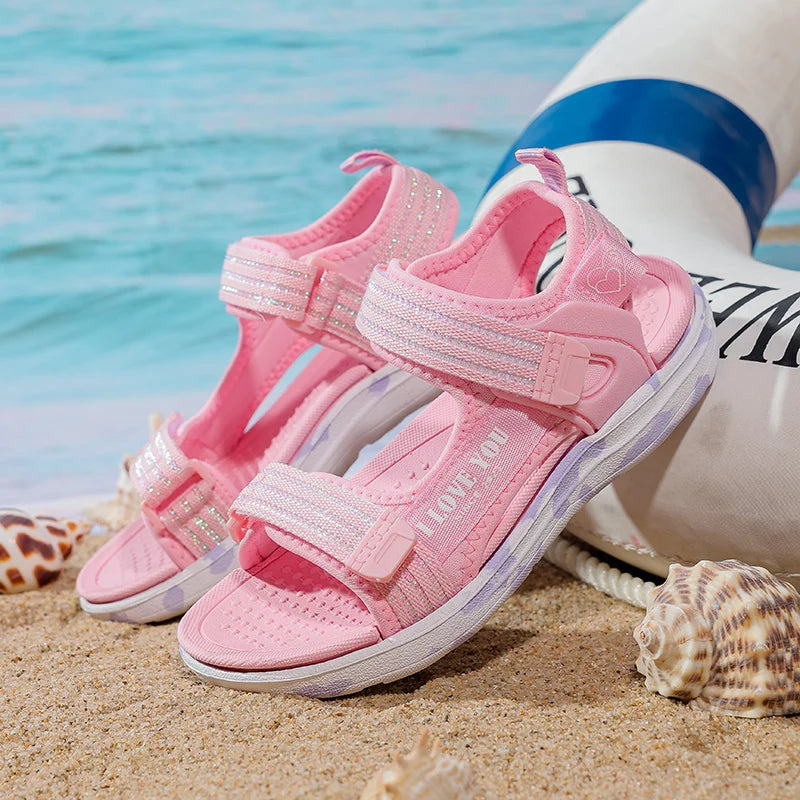 Fashion Sandals Girls Soft Soles Casual Shoe Fashionable Princess Shoes New Flowers Pink Flat Shoes  Brand Non-slip Beach Shoes Children
