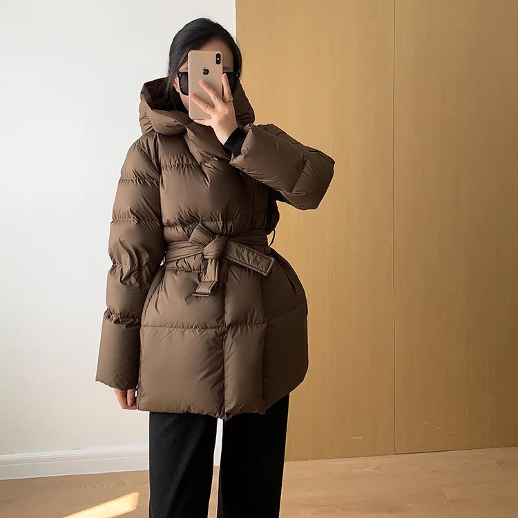 Women's Winter Jackets Ultra Light Warm Puffer Jacket With Belt Plus Size Hooded Female Jacket