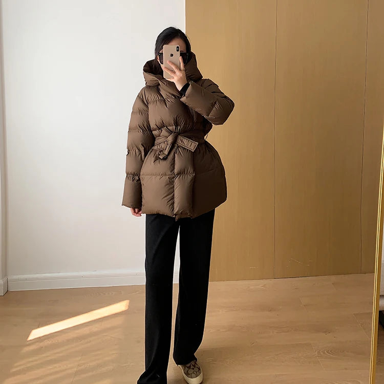 Women's Winter Jackets Ultra Light Warm Puffer Jacket With Belt Plus Size Hooded Female Jacket