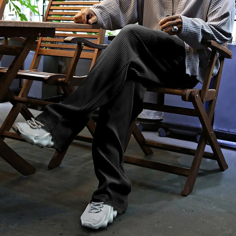 Men's Casual High-Waist Wide-Leg Pants – Loose Fit, Striped, Straight-Leg, Spring & Autumn Style