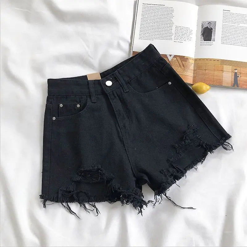 High Waist Denim Shorts Women Summer Pocket Tassel Hole Ripped jeans Short Female Pants