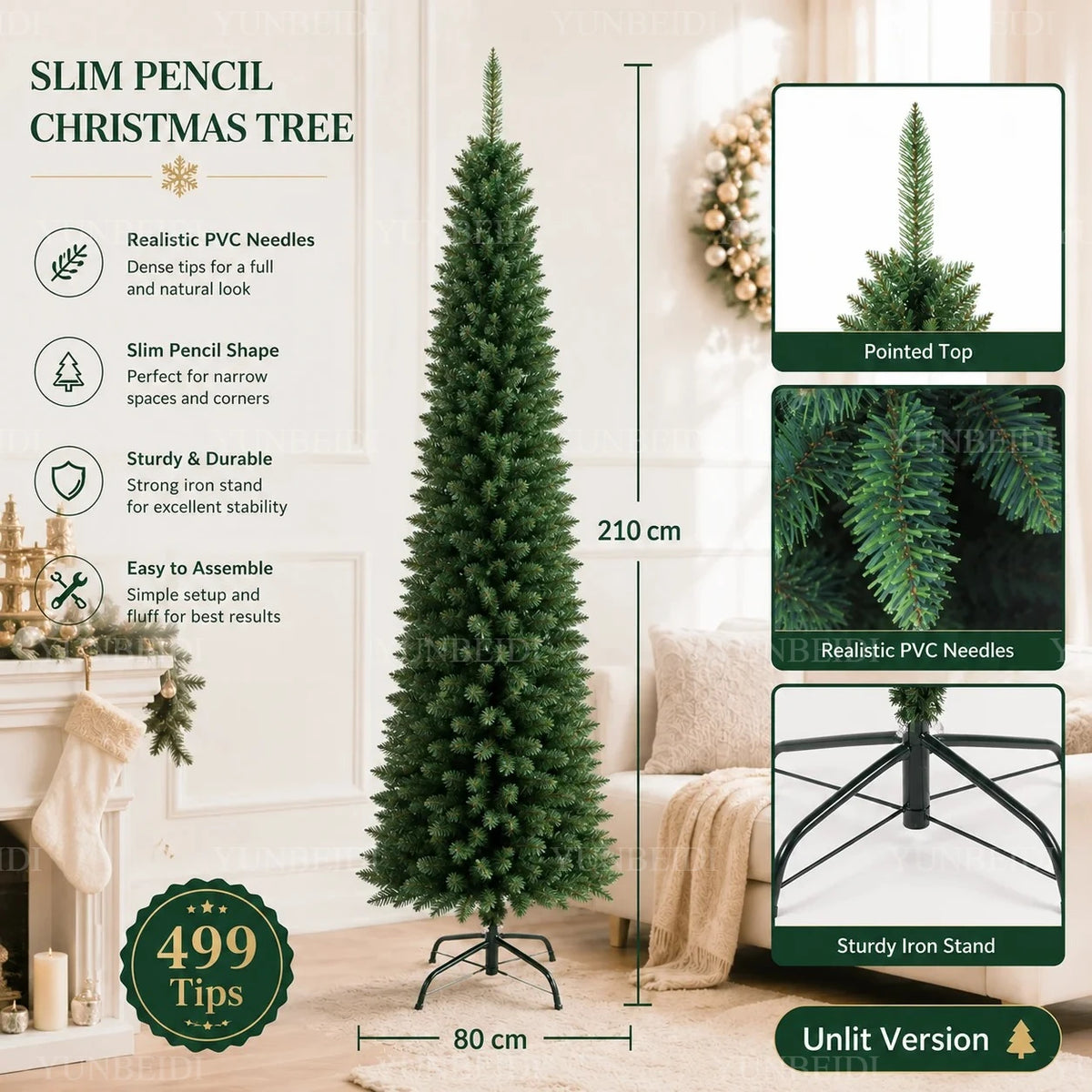 Slim Pencil Artificial Christmas Tree with Metal Stand, 120–210 cm Green PVC Tree with Optional Warm White USB Lights