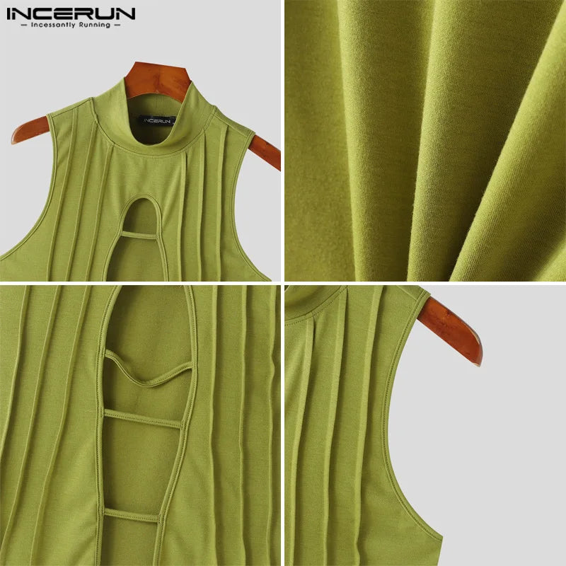 Stylish Clubwear Tops – INCERUN Men's Hollow-Out Semi High Neck Knitted Vests, Fashion Sleeveless Solid Tank Tops (Sizes S–5XL)