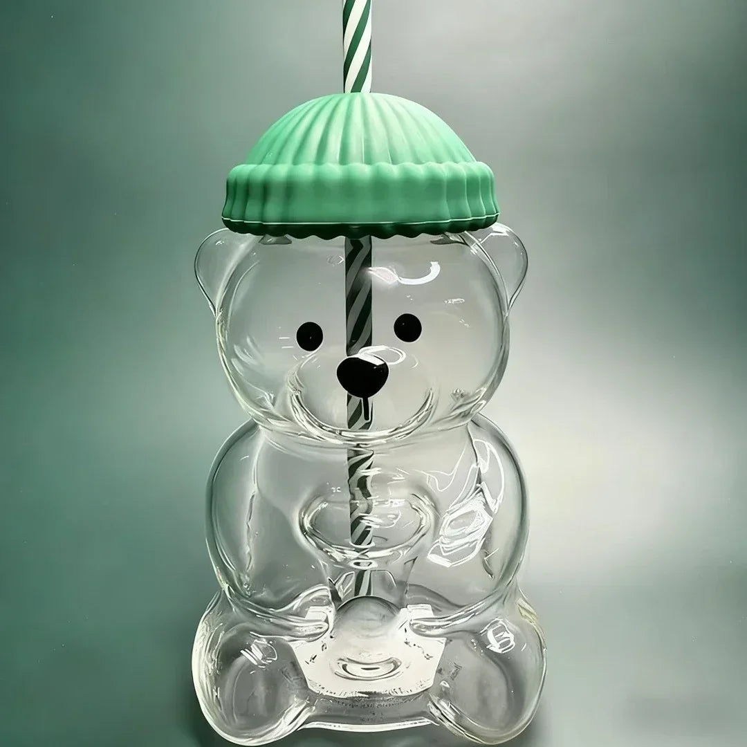 500ml Cute Bear Shaped Cup with Straw – Transparent Cartoon Coffee, Milk & Water Tumbler