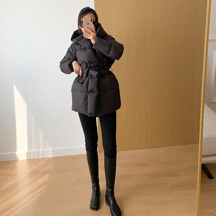 Women's Winter Jackets Ultra Light Warm Puffer Jacket With Belt Plus Size Hooded Female Jacket