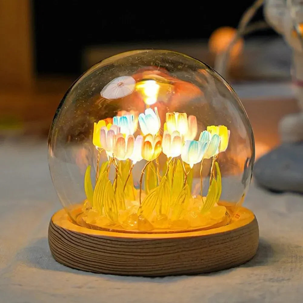 Handmade Artificial Tulip LED Night Light – DIY Transparent Cover Bedside Lamp | Home Decor & Ambient Lighting