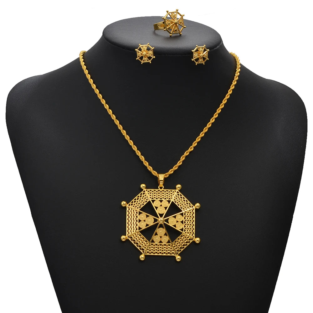 New Ethiopian & Eritrean Jewelry Set – African Ethnic Necklace, Earrings, and Ring for Women & Girls – Wedding or Party Gift