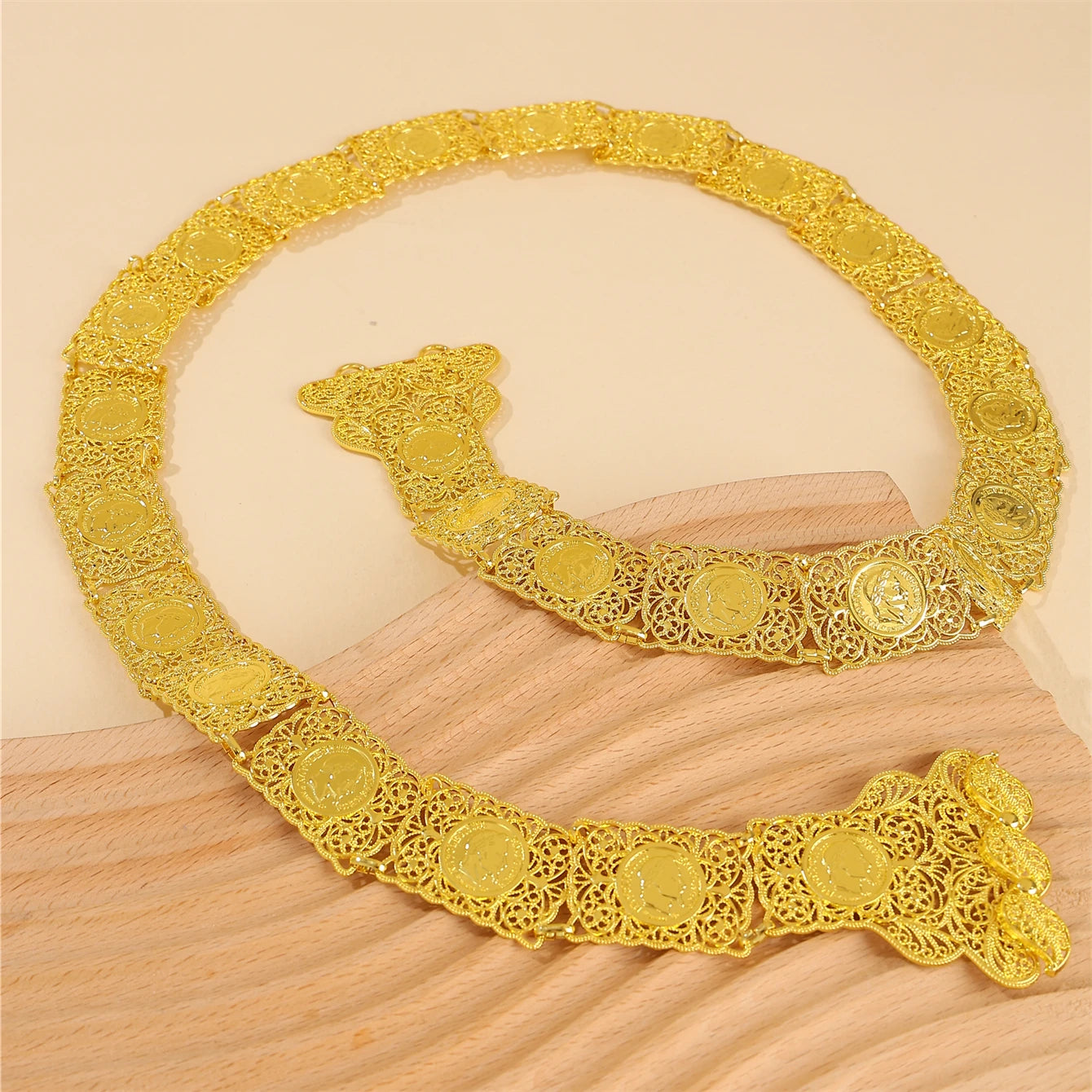 Algerian Coin Hollow out With Gold-Plated Metal Handmade Finely Carved Napoleonic Arabian Bridal Waist Chain Jewelry Belt