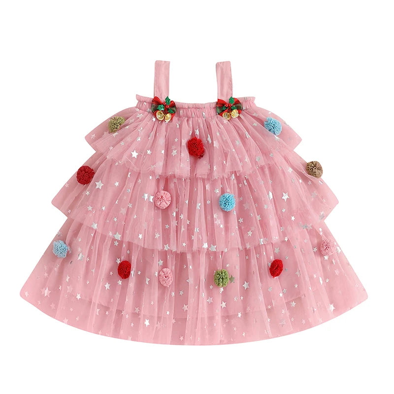 1-9 Years Girls Fashion Valentine Day Dress Kids Star Print Square Neck Sleeveless Children’s Layered Tulle with 3D Heart Clothes