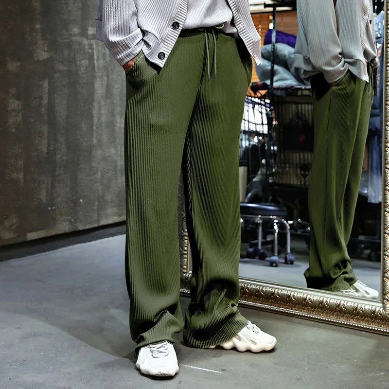 Men's Casual High-Waist Wide-Leg Pants – Loose Fit, Striped, Straight-Leg, Spring & Autumn Style
