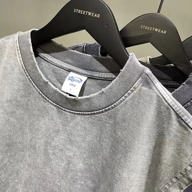 WASH vintage batik grinding edge Manly Vest Europe and the United States trend loose base T- shirts