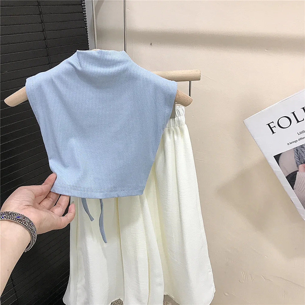 New Fashion Children Girls Two Pieces Set Backless T-Shirt Summer White Wide Leg Pants 2025 Solid Simple Blue Pleated