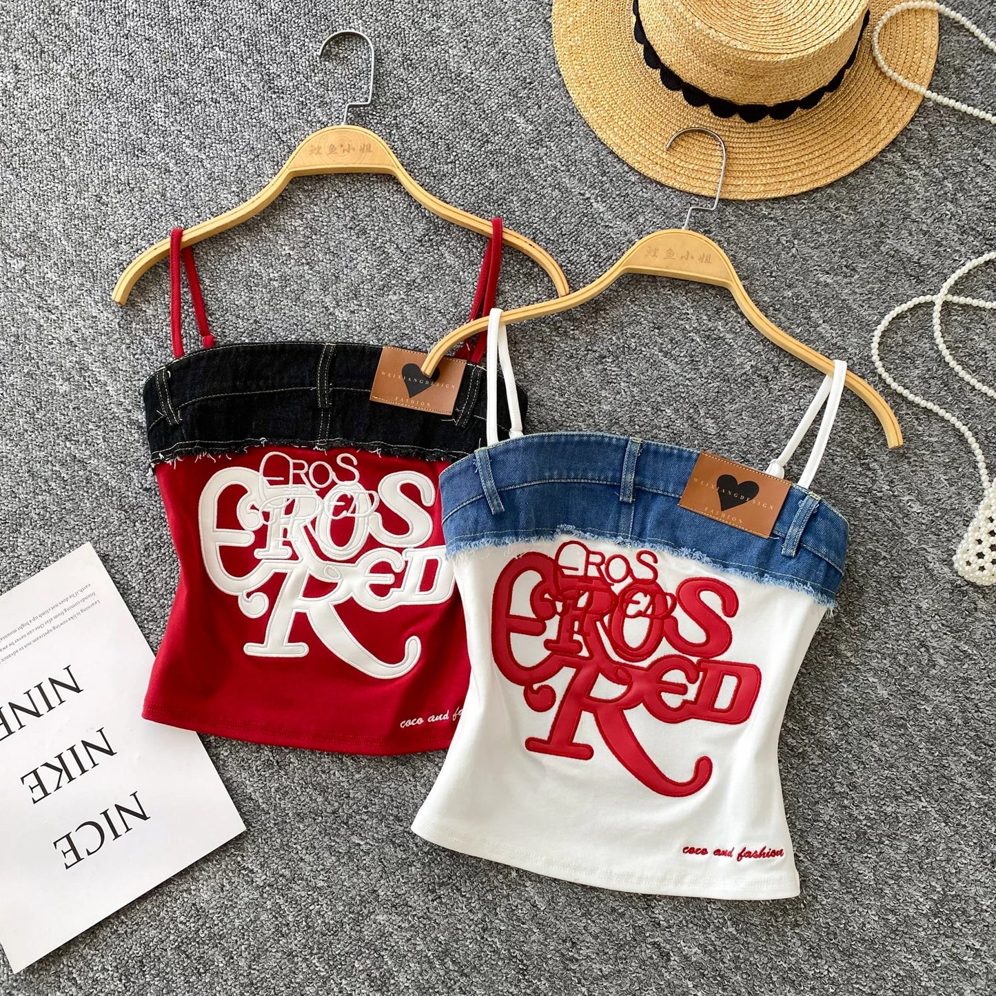 Vintage Vibes Y2K Denim Mix Letter-Embroidered Strap Crop Top for Women – Urban Chic Patchwork Slim Fit Street Style