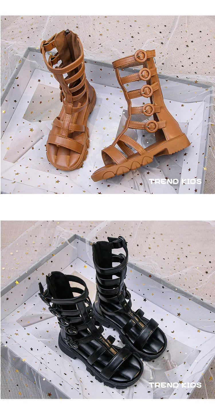 Girls' High-Top Roman Sandals – Soft Sole Summer Shoes for Children | Cut-Out Design, Buckle & Zipper | Princess Beach Sandals