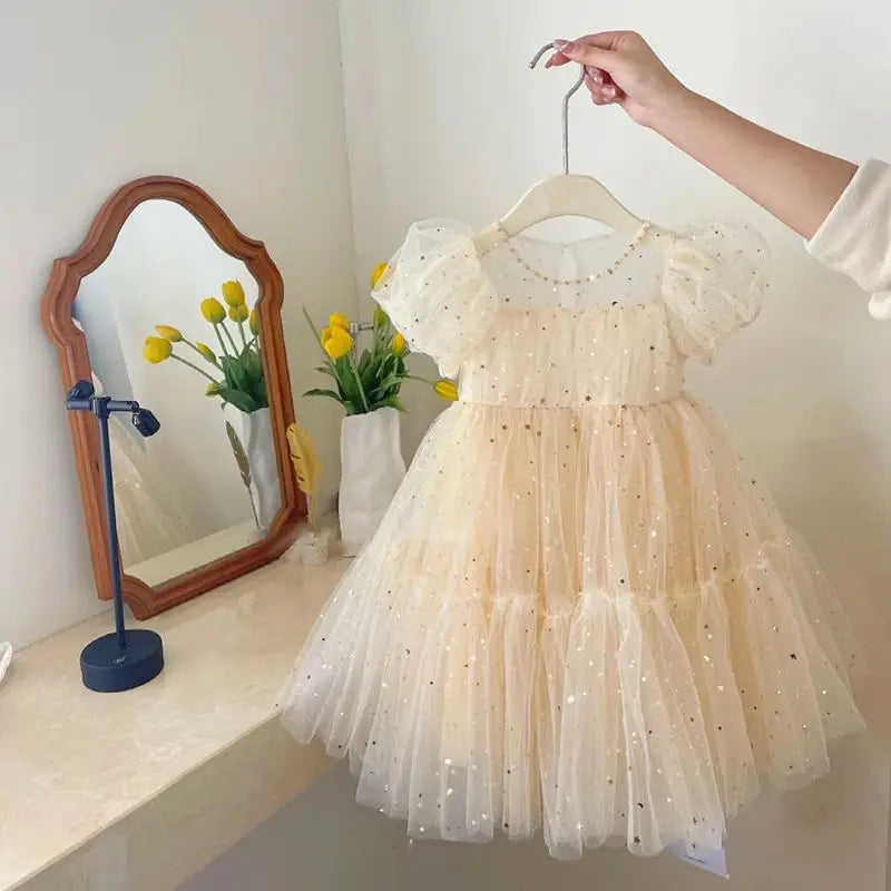 Elegant Girls Summer Dresses Baby Bubble Sleeve Mesh Sequin Dress Temperament Princess Party Short Sleeve clothes