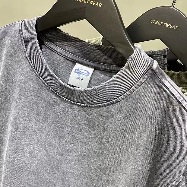 WASH vintage batik grinding edge Manly Vest Europe and the United States trend loose base T- shirts