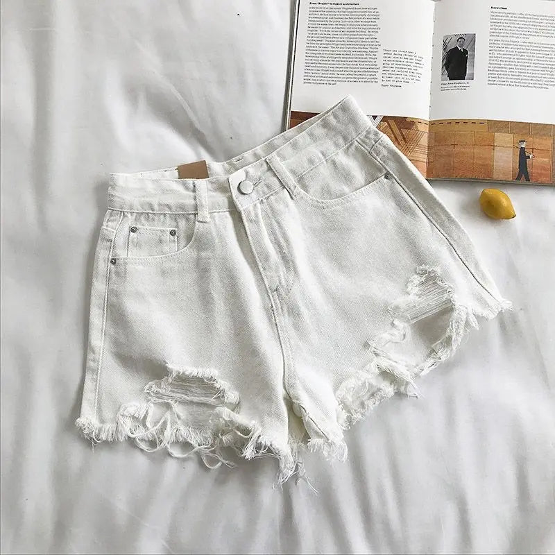 High Waist Denim Shorts Women Summer Pocket Tassel Hole Ripped jeans Short Female Pants