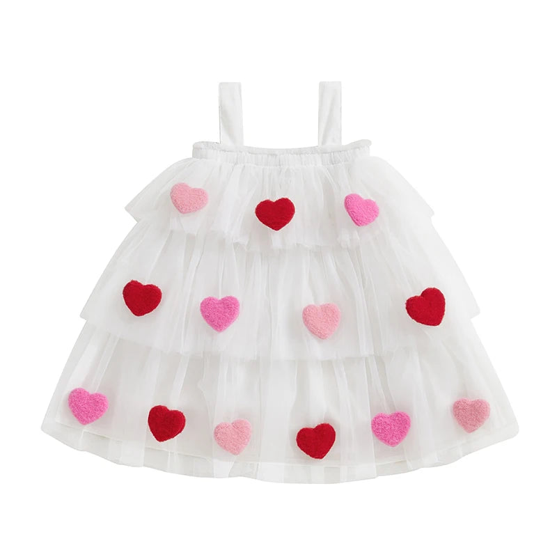 1-9 Years Girls Fashion Valentine Day Dress Kids Star Print Square Neck Sleeveless Children’s Layered Tulle with 3D Heart Clothes