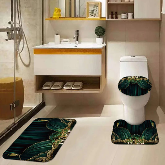 "Luxury Emerald Green Velvet Shower Curtain Set | Gold-Trimmed Mats, Toilet Lid Cover, 4-Piece Set, Elegant Bathroom Decor