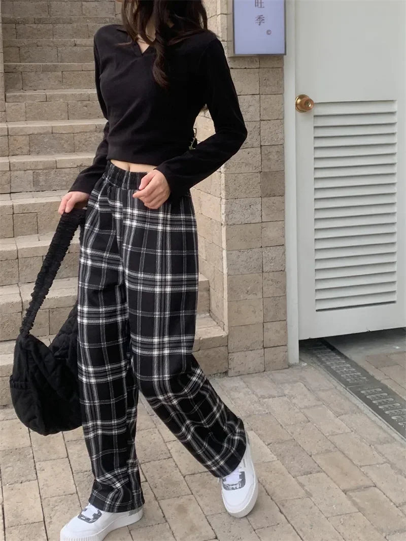 Fashion Warm Plush Pants Cashmere Thick Plaid Ladies Winter Casual Loose Wide-legged Pants Streetwear
