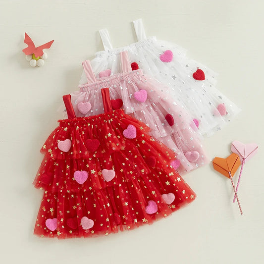 1-9 Years Girls Fashion Valentine Day Dress Kids Star Print Square Neck Sleeveless Children’s Layered Tulle with 3D Heart Clothes