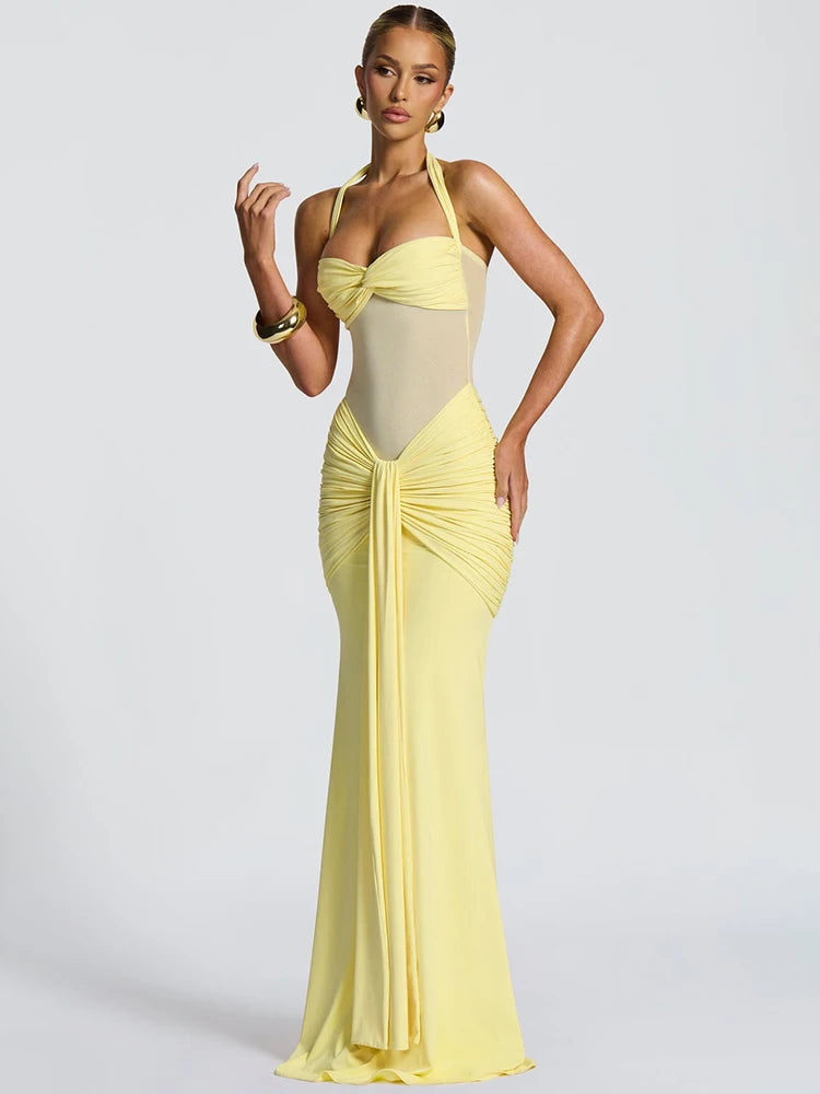 Women's Halter Backless Maxi Dress – Off-Shoulder, Sleeveless, Ruched Bodycon Club & Party Dress with Patchwork Draped Design