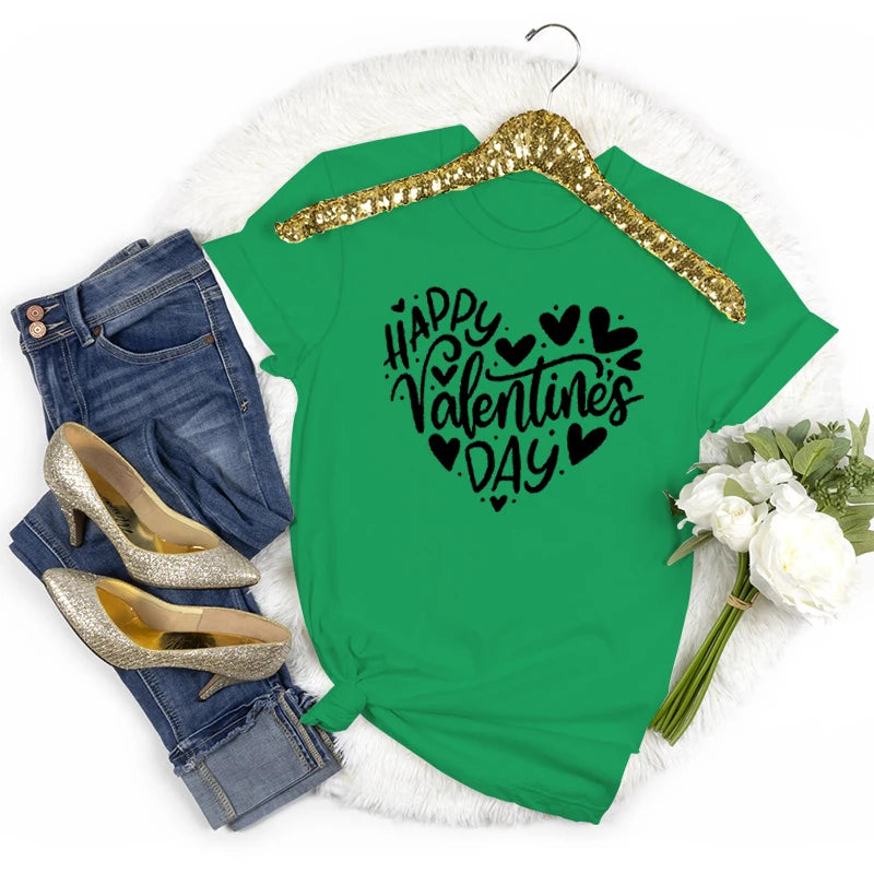 Happy Valentine's Day Crew Neck Short Sleeve T-shirt Women Heart Love Design Fashion Casual Tops Valentines Day Gifts T-shirts