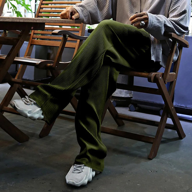 Men's Casual High-Waist Wide-Leg Pants – Loose Fit, Striped, Straight-Leg, Spring & Autumn Style