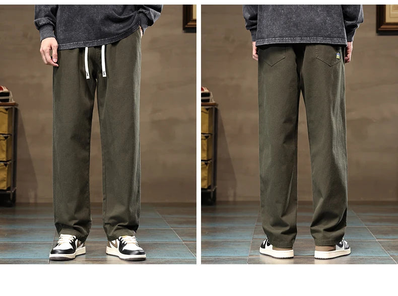 HIQOR Men's Casual Jogger Pants – Loose Straight-Leg Cotton Vintage Cargo Trousers, Solid Color Streetwear