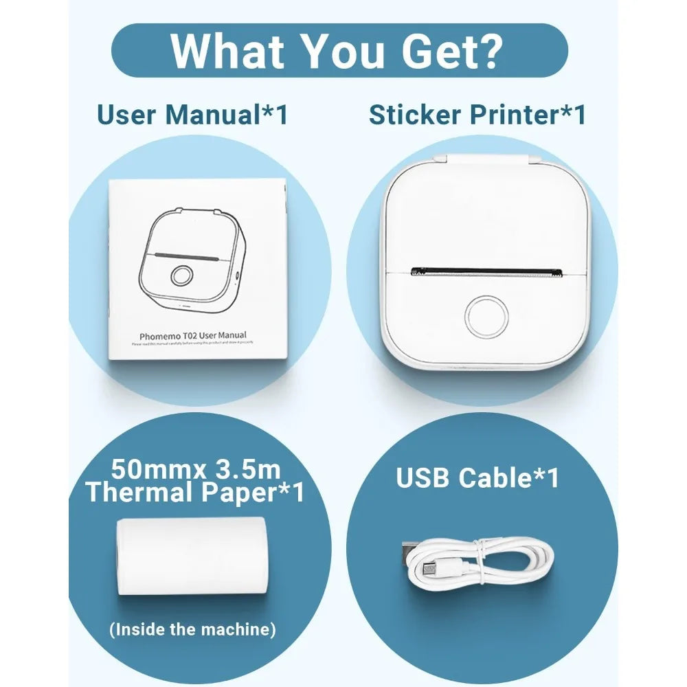 Phomemo T02 Wireless Mini Thermal Printer – Portable Bluetooth Pocket Printer, 203 DPI, Inkless Photo & Label Printing for iOS & Android – Ideal for Notes, Memos, Journals, Crafts