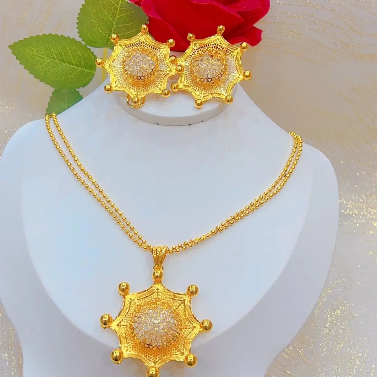 New Dubai 24K Gold-Plated Necklace and Earrings Set for Women's Wedding or Party Jewelry