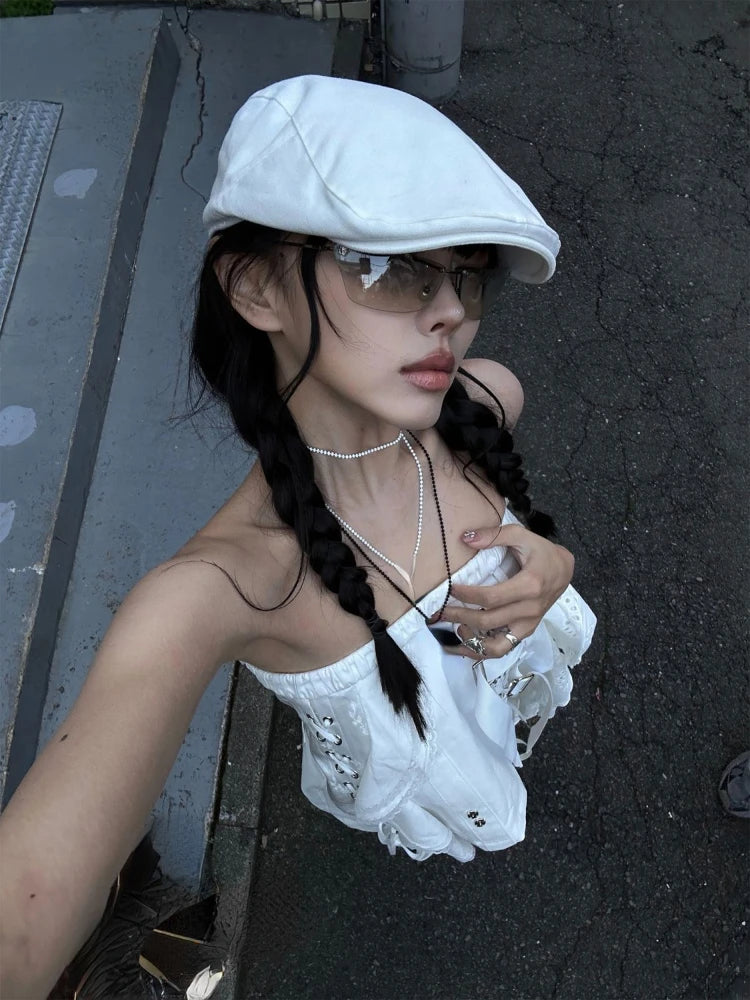 Y2K Gyaru Crop Tank Top for Women – White Strapless Asymmetrical Lace Camisole | Coquette Grunge Aesthetic Streetwear