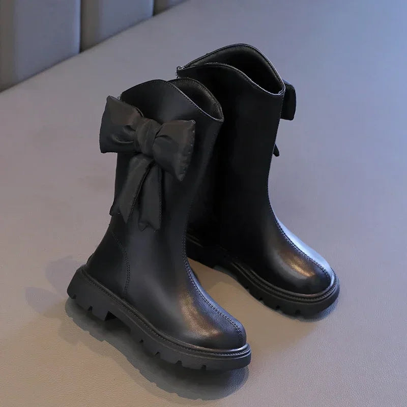 27-37 Girl's Long Boots Black Pu Leather Bowtie Chunky Fashion Children Winter Boot Warm Bowknot Round Toe Knee-high Kids Shoes