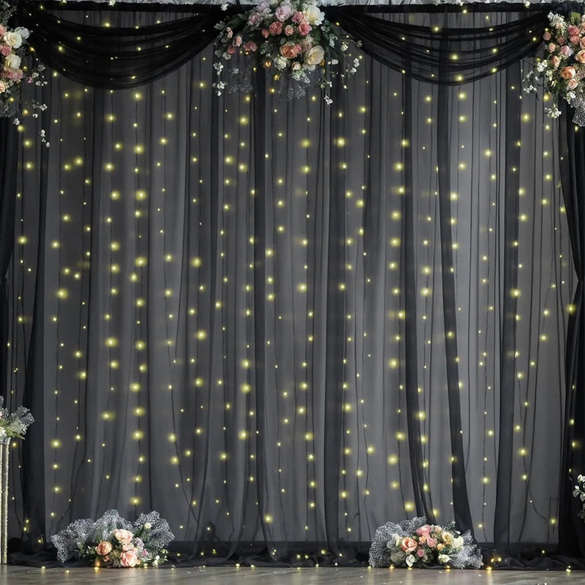 1 Set/2 Pieces Tulle Backdrop Curtains with Lights for Party Wedding Arch Baby Shower Birthday Party Photo Shoot Decorations