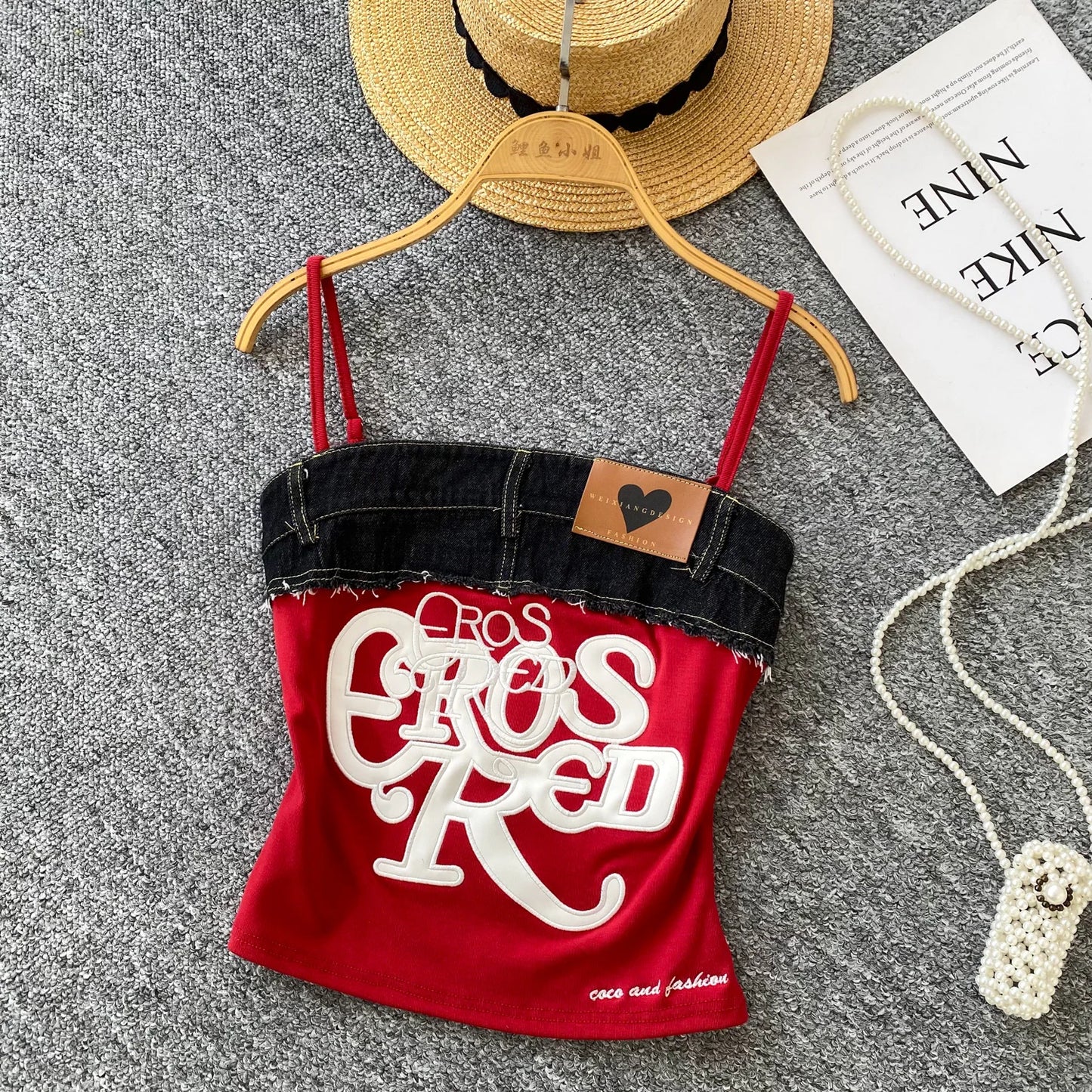 Vintage Vibes Y2K Denim Mix Letter-Embroidered Strap Crop Top for Women – Urban Chic Patchwork Slim Fit Street Style