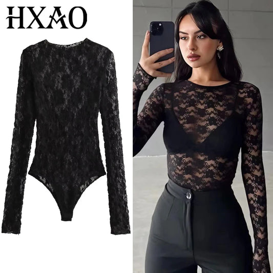 Women's Lace Bodysuit – Black Cutwork One-Piece, Long Sleeves, O-Neck, High-Stretch Fabric – Elegant Autumn Wear