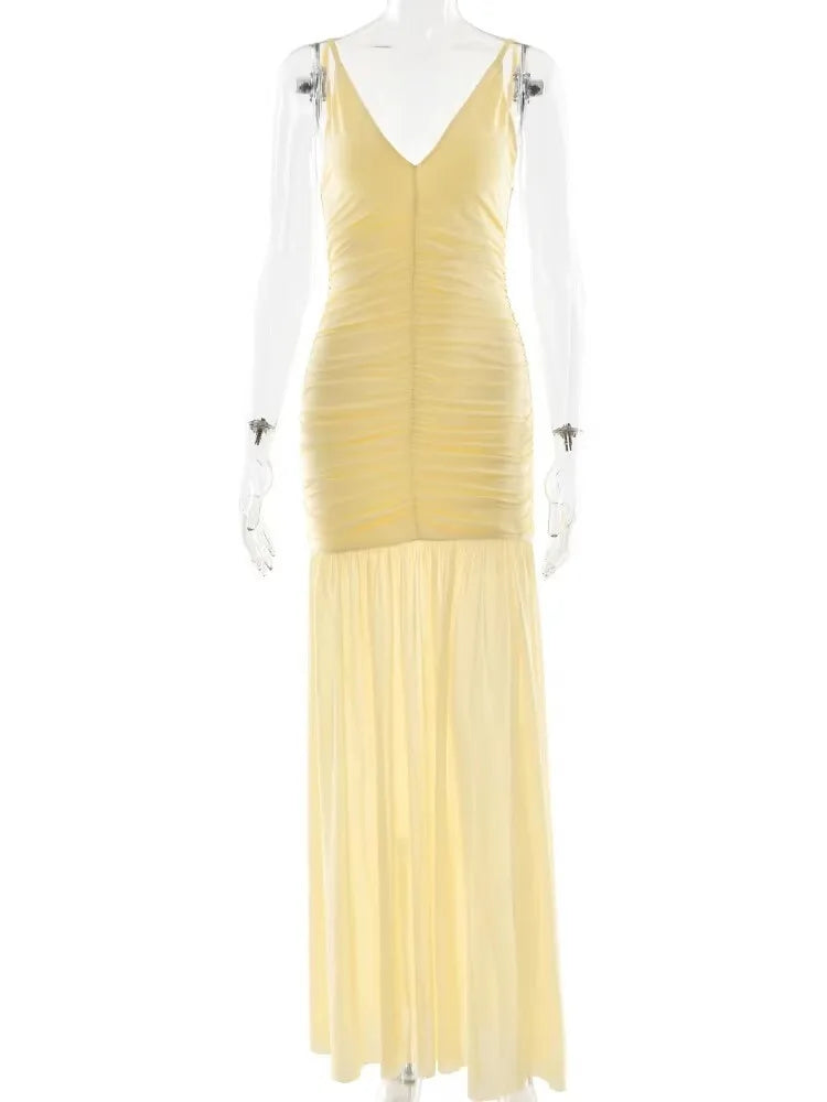 Women's Patchwork V-Neck Maxi Dress – Backless High-Waist Ruched Evening Gown