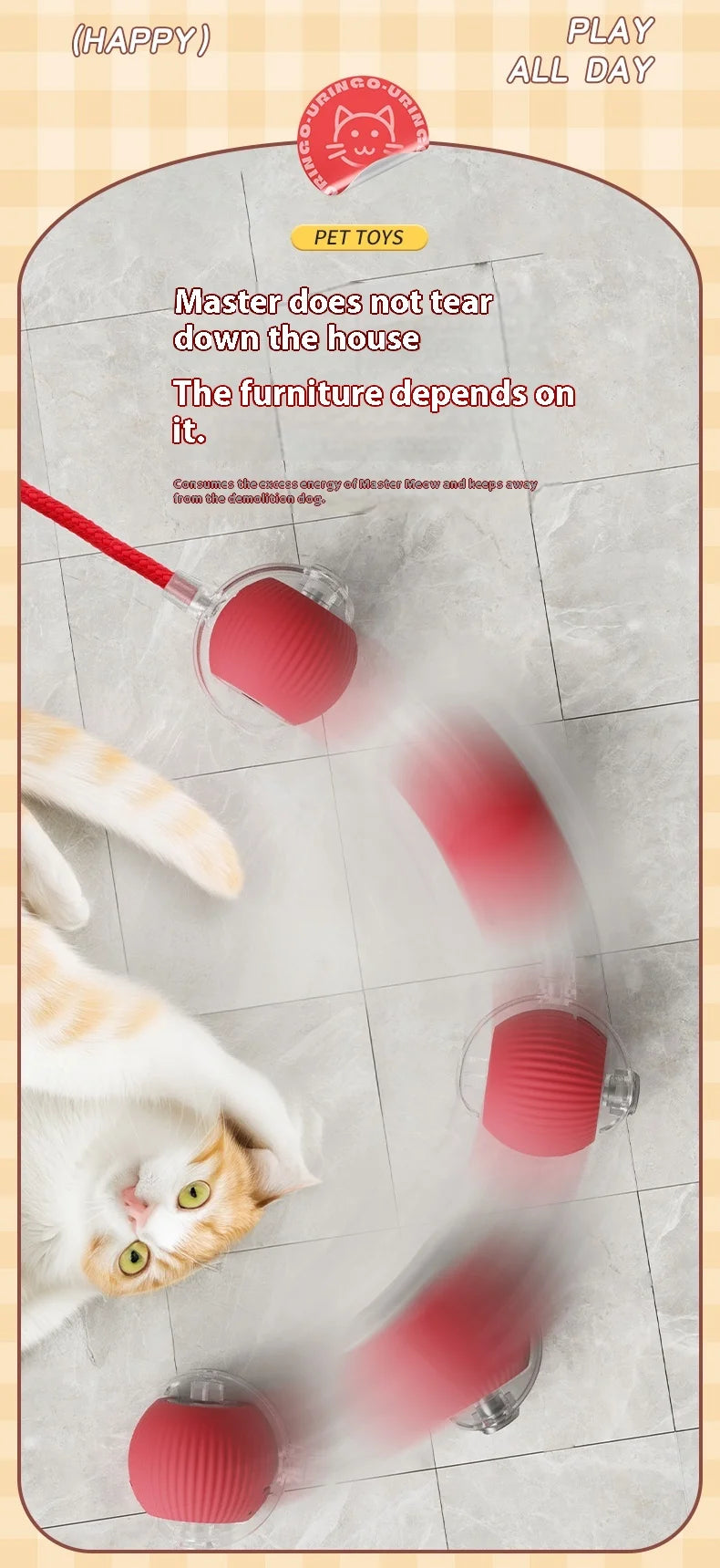 Cat Interactive Ball Toy - Automatic Rolling Ball with Faux Tail, Rechargeable Smart Pet Electric Toy for Dog & Cat Training, Imitates Mouse Movement