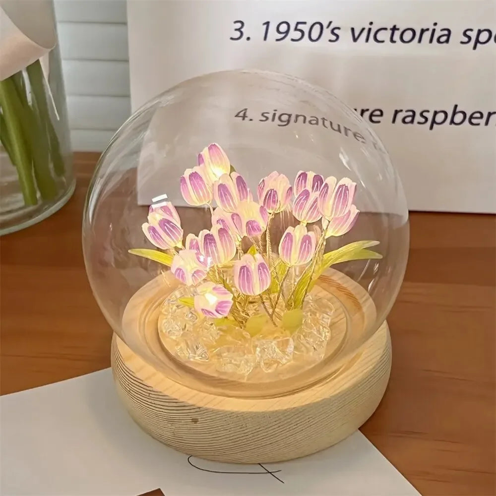 Handmade Artificial Tulip LED Night Light – DIY Transparent Cover Bedside Lamp | Home Decor & Ambient Lighting