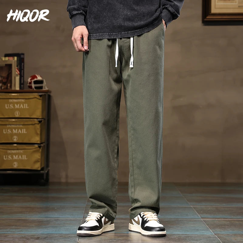 HIQOR Men's Casual Jogger Pants – Loose Straight-Leg Cotton Vintage Cargo Trousers, Solid Color Streetwear